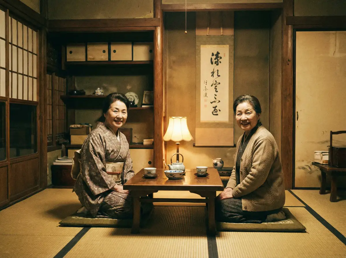 两位优雅的 桃乃木香奈 在日式茶室中品茶交谈